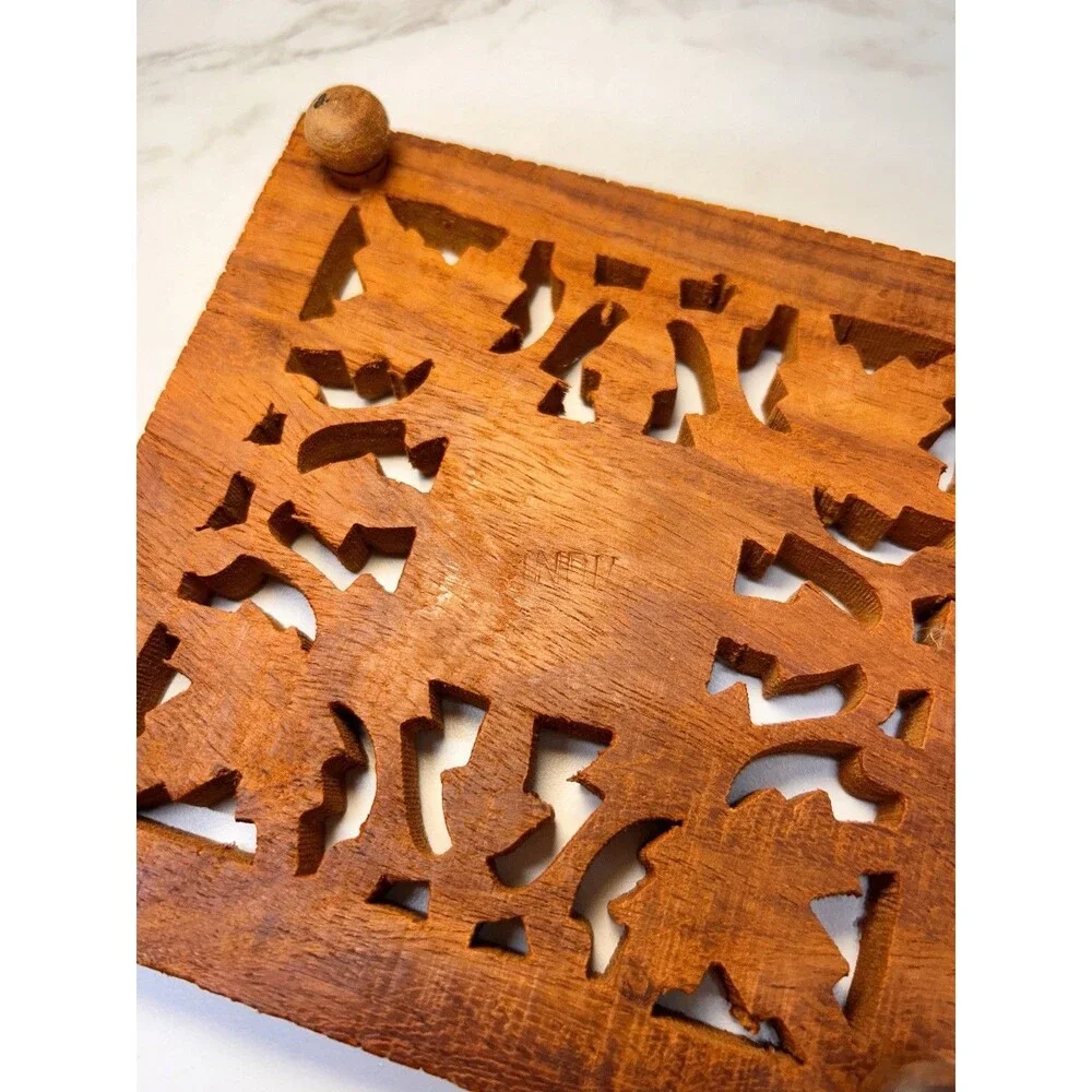 Carved Wood Trivet With Feet From India Brown Square Floral Design 5-1/2 in